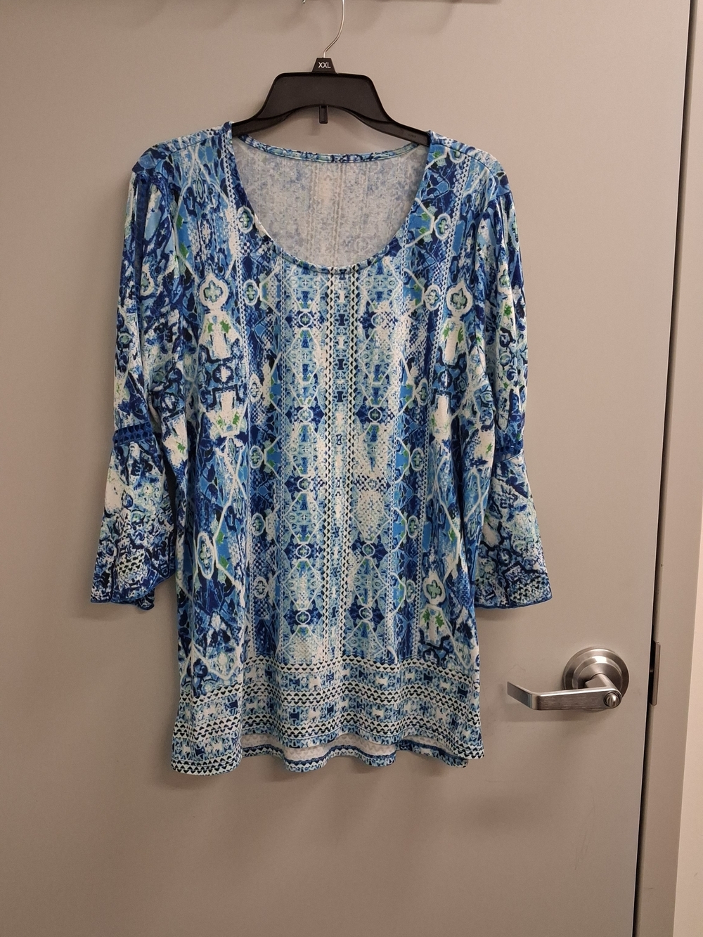 Blue Printed Scoop Neck Women's Blouse L